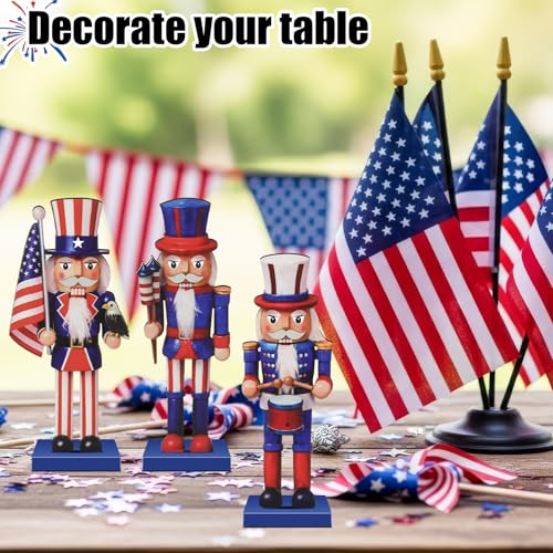 3-Piece Patriotic Wooden Nutcracker Figures - 7 Inch Red & Blue Tabletop Decor