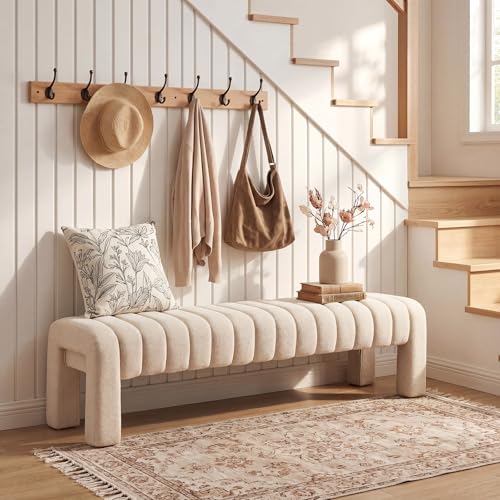 JIRAIN Beige Upholstered Bedroom Bench 63'' with Solid Wood Legs - Modern Linen Entryway & Living Room Seat