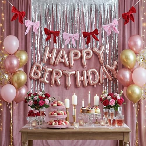 8.2FT Velvet Bow Garland Banner for Party Decorations, Red & Pink