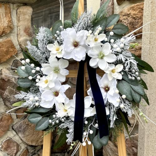 24 Inch White Magnolia Winter Wreath with Navy Ribbon & Silver Berries