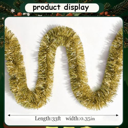 Pale Gold Christmas Tinsel Garland 33 ft - Glitter Foil Twist Garlands for Holiday Decor