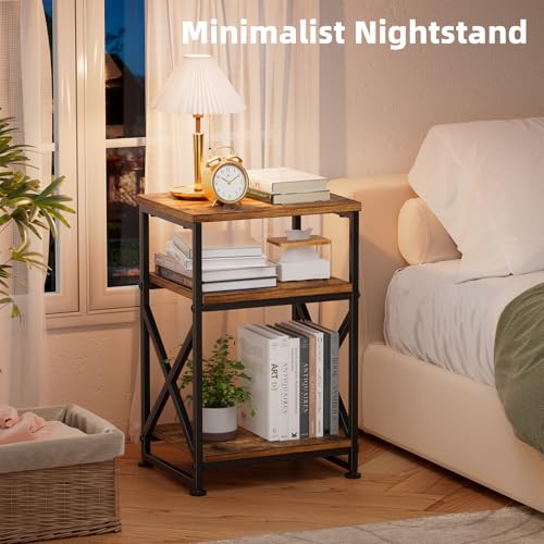 3-Tier Rustic Side Table with Open Shelves, Compact End Table Nightstand