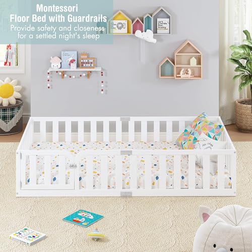 Twin Size Montessori Floor Bed Frame with Fence and Door - Solid Wood