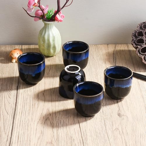 Cerficer Japanese Ceramic Sake Cup Set of 4 - Small Blue & Black 2.04'' Drinking Cups, Traditional Asian Design, Handcrafted for Sipping & Sharing