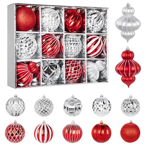 DILATATA 12Pcs 4" Christmas Ball Ornaments Set - Shatterproof Silver & Red Xmas Tree Decorations