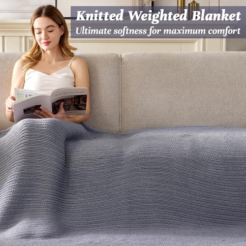 Knitted Weighted Blanket 60"x80" 15lbs - Bead-Free Cooling Throw Blanket - Light Grey