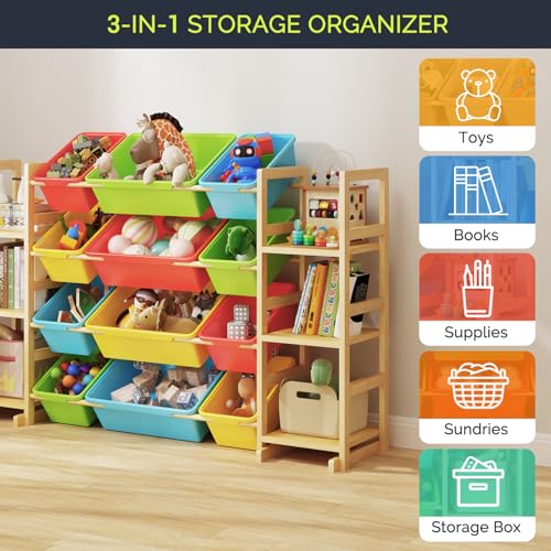 Large Solid Wood Toy Storage Organizer with 12 Bins and Bookshelf