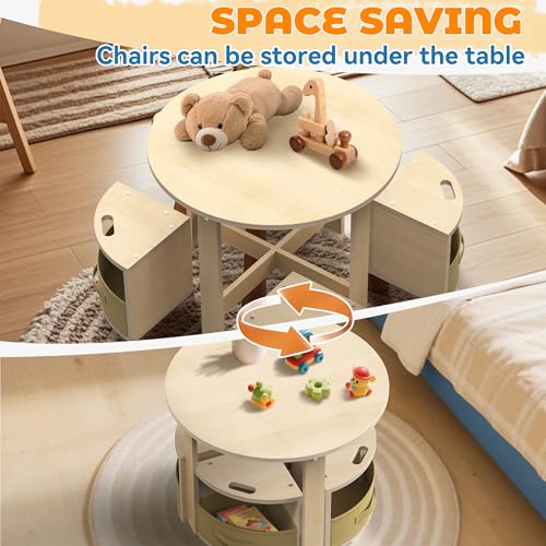 Round Kids Activity Table and 4 Storage Stool Set - Space-Saving Play Furniture
