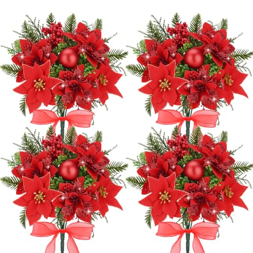 Velvet Red 4-Pack Poinsettia Artificial Flowers for Outdoors/Indoors - 13.8in Stems with Berry Accent