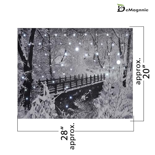DEMAGNNIE 28x20 Inch Lighted Winter Wall Art - Framed Snowy Landscape with Timer, Battery Operated Christmas Decoration