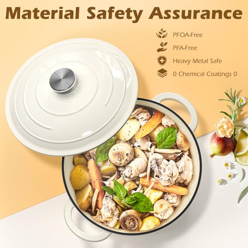 5QT Enameled Cast Iron Dutch Oven Pot with Lid & Potholders - Cream White