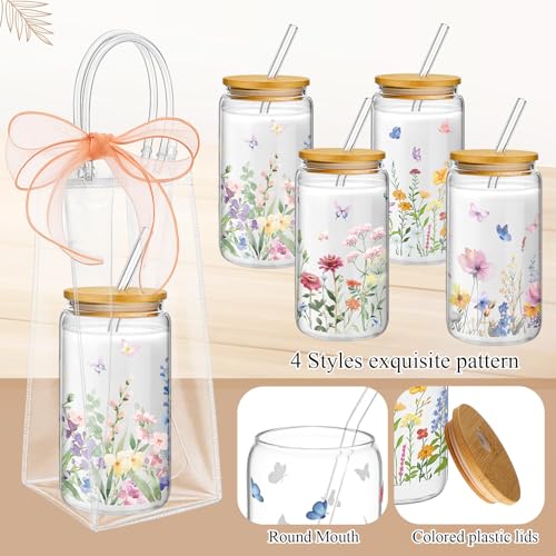 Mumufy 6-Piece Wildflower Glass Cups Set with Lids & Straws - 16 oz