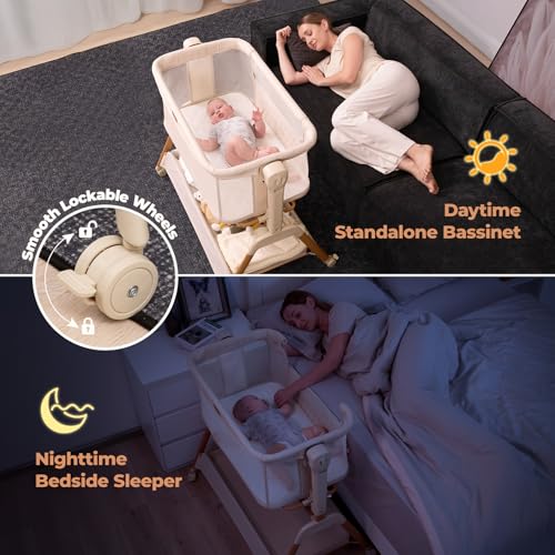 3-in-1 Baby Bassinet Bedside Sleeper - Portable Rocking Crib with Mattress