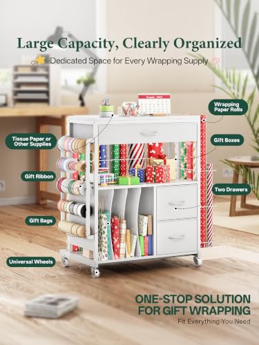 Rolling Gift Wrapping Paper Storage Cart with Ribbon Holder and Drawers