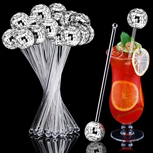 Sawysine 24 Pcs Transparent Disco Ball Cocktail Drink Stirrer with Mirror Design