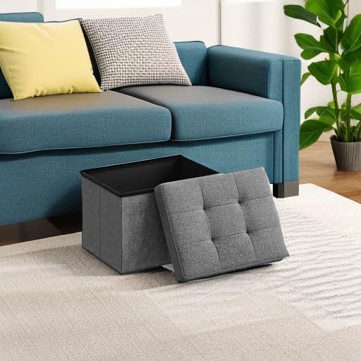 Small Folding Storage Ottoman Footrest Stool, Tufted Fabric - Dark Gray