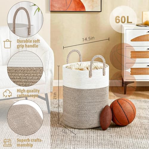 Woven Cotton Rope Laundry Hamper - 60L Large Storage Basket (Brown)