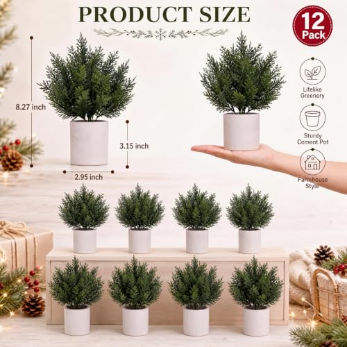 Threehoney 12 Pack White Mini Cedar Bushes - 8.27in Artificial Christmas Trees, 21 cm