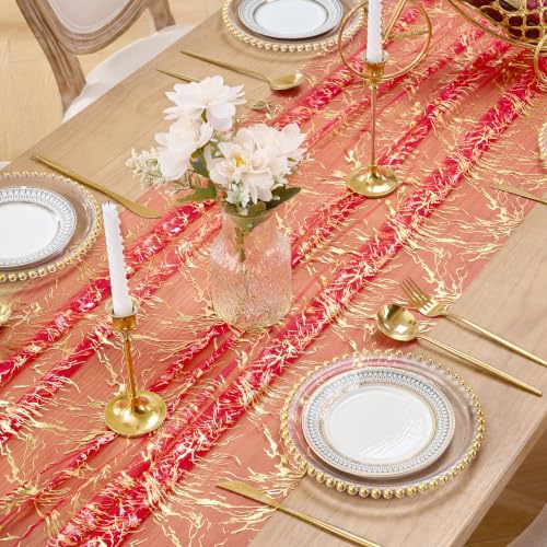 Red Gold 29x120 in Metallic Foil Tulle Table Runner - Crackle Sequin Wedding