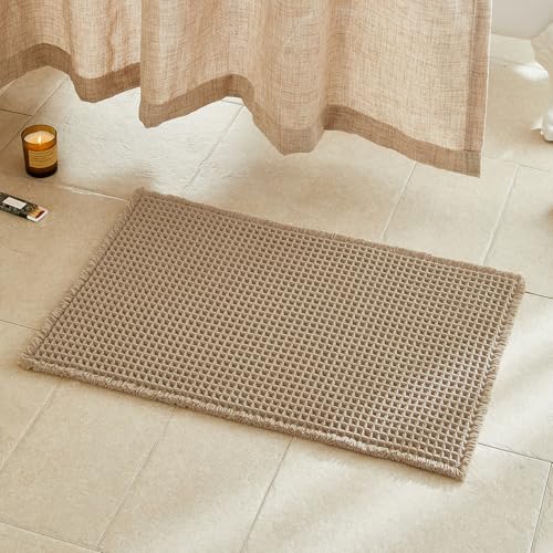 TYUU Waffle Bath Mat 30"x20" Khaki Non-Slip Absorbent Boho Rug