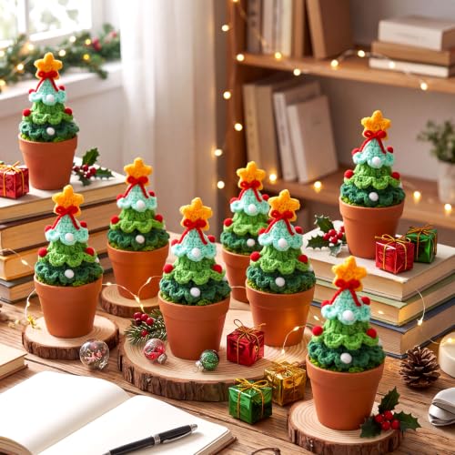 10 Pcs Crochet Christmas Tree Pots with Star Toppers – Handmade Mini Xmas Tree Pot Decor (Variation: 10 / Christmas Tree)