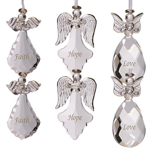 Set of 6 Crystal Angel Christmas Ornaments with Gold Lettering - Faith Hope Love Religious Holiday Decor