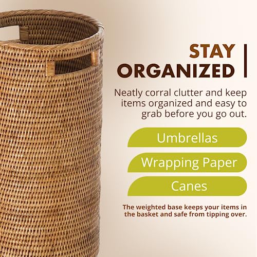 Handwoven Rattan Umbrella Stand with Drip Tray, 21-Inch Tall Entryway Holder