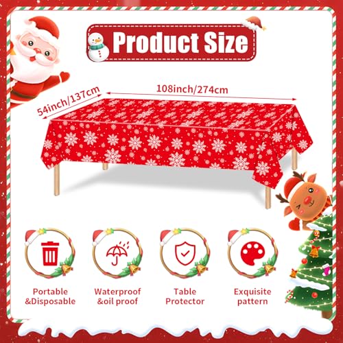 Temicle Red and White Snowflake Plastic Tablecloth 54 x 108 Inches Holiday Disposable Cover
