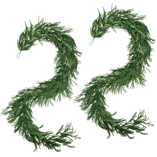 Trytuny 2Pcs 6ft Christmas Norfolk Pine Garland with Pine Cones & Red Berries, Real-Touch LED Christmas Greenery for Indoor/Outdoor