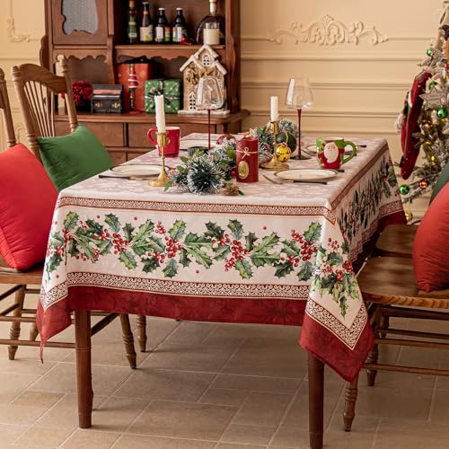 Softalker Holly 60 x 120 Inch Jacquard Tablecloth – Christmas Rectangular 8-10 Seats