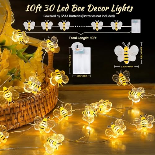 Bee Decor String Lights 10Ft 30 LEDs Battery Operated Copper Wire