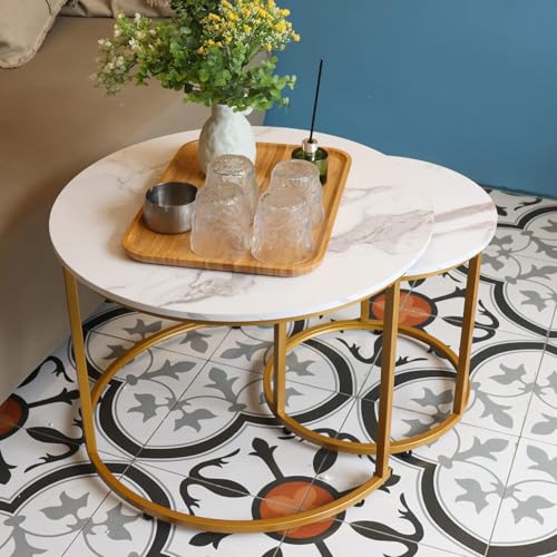 2-Piece Round Nesting Coffee Table Set with White Marble Pattern & Gold Frame