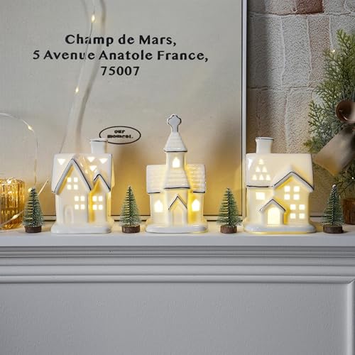 White Ceramic Light-Up Christmas Village Houses Set with Mini Trees