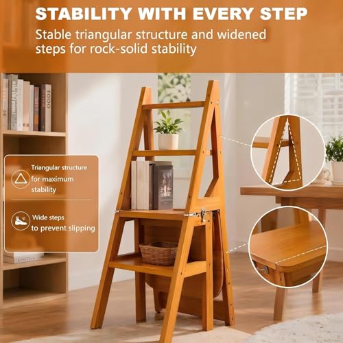 4-Tier Wooden Folding Step Ladder Chair, Multi-Function Step Stool