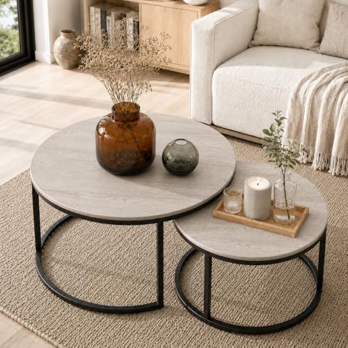 2-Piece Round Nesting Coffee Table Set, Wood Grain Accent Tables
