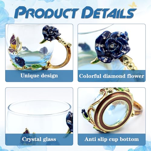 VANUODA Blue Enamel Butterfly Flower Tea Cup - 12oz Glass Coffee Mug for Women & Gifts
