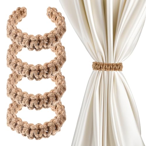 4-Pack Braided Boho Curtain Tiebacks, Rustic Flexible Rope Holdbacks