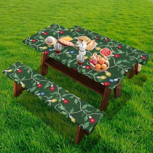 Christmas Lights Picnic Table & Bench Covers 3-Piece Large Waterproof Set