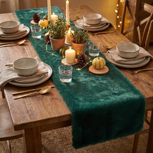 Emerald Green Faux Fur Table Runner 11.8in x 70.9in - Ultra Soft, Non-Shedding