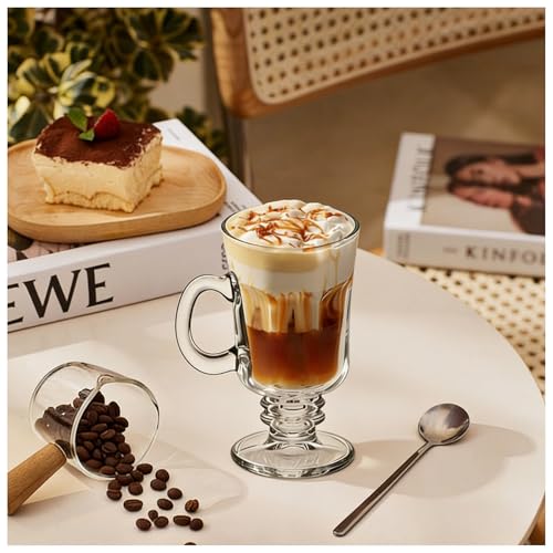 Vitrignis 8oz Irish Coffee Mugs Set of 6 - Clear Glass Handles & High Base