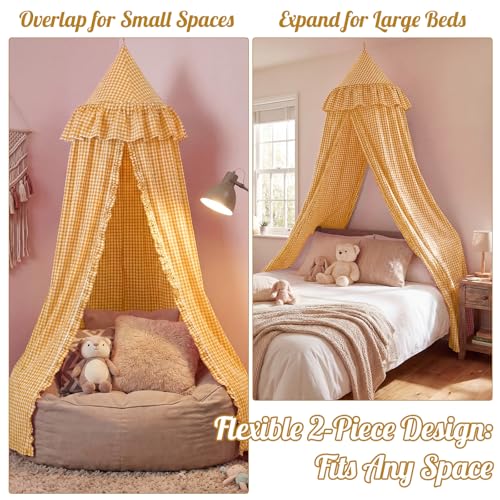 Yellow Gingham Plaid Bed Canopy with Ruffles - Soft Vintage Hanging Tent