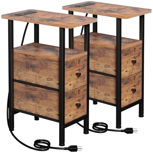 Narrow End Table with Charging Station & Fabric Drawers - Rustic Brown