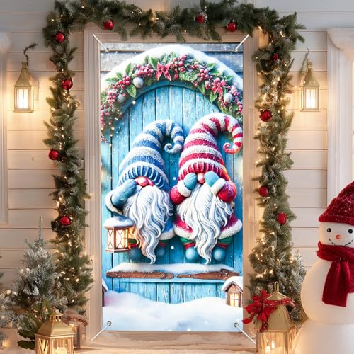 IVN Gnome Lantern Christmas Door Cover 35x71 Inch Winter Holiday Decor