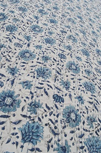 Handmade Kantha Quilt - Floral Print Cotton Twin Blanket