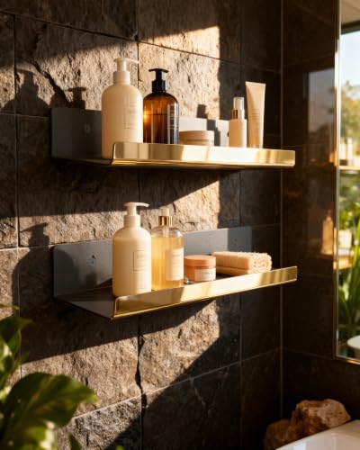 Gold Acrylic Floating Wall Shelf with Front Lip - Modern Bathroom Organizer