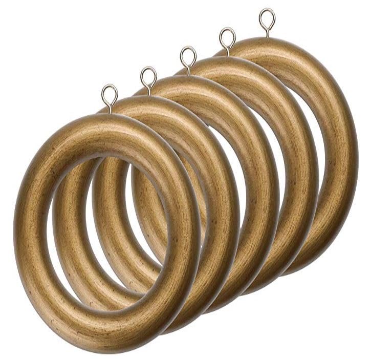 Gold Wood Drapery Rings for 2-Inch Curtain Rods, Set of 5
