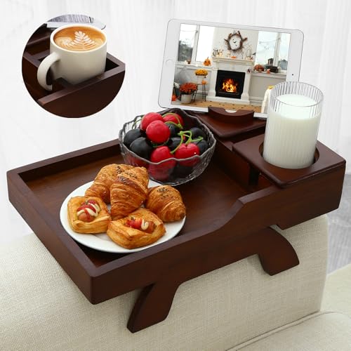 Bamboo Couch Armrest Tray Table with 360° Rotating Phone Holder