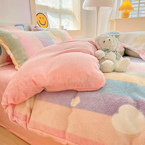 Pink Rainbow Twin Duvet Cover Set, Fluffy Shaggy Bedding for Kids Girls