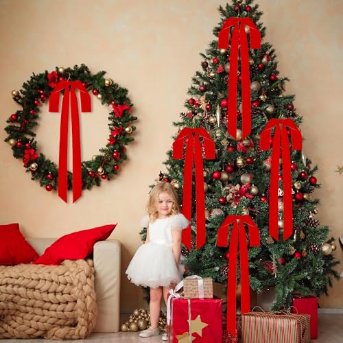 Aneco Red Velvet Christmas Bows, 6-Pack 35 x 16 in | Pre-Tied Swags for Wreaths, Doors, Staircase