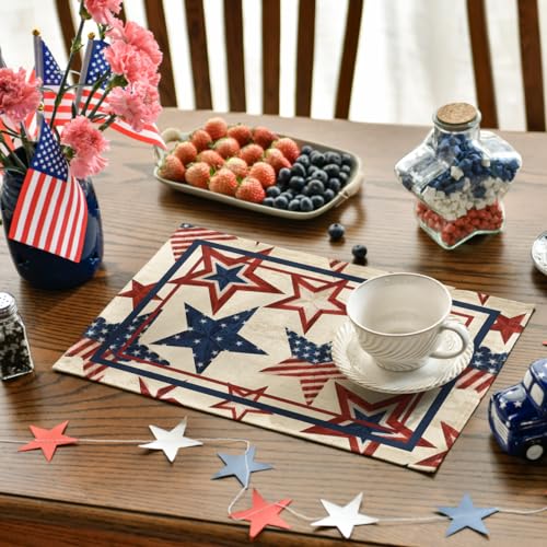 Artoid Mode Stars Stripes Patriotic 12x18 Inch Placemats Pack of 4 Beige - 4th July Memorial Day Table Mats